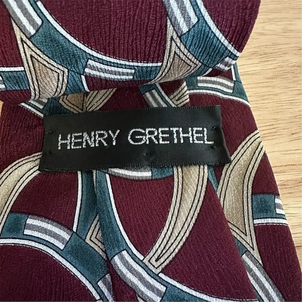 Henry Grethel Men's‎ Handmade Silk Tie Geometric Abstract Maroon blue Pattern